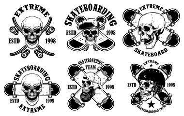 Set of skateboarding club emblems with skulls. Design element for poster, logo, sign, label, t shirt.