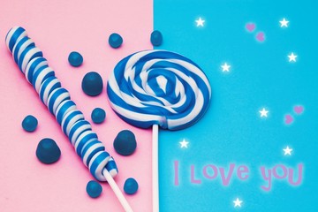 valentines card with lollipops on colorful background