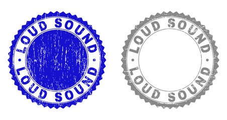 Grunge LOUD SOUND stamp seals isolated on a white background. Rosette seals with grunge texture in blue and grey colors. Vector rubber watermark of LOUD SOUND title inside round rosette.