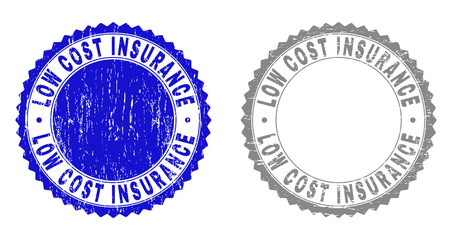 Grunge LOW COST INSURANCE stamp seals isolated on a white background. Rosette seals with grunge texture in blue and gray colors.