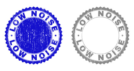 Grunge LOW NOISE stamp seals isolated on a white background. Rosette seals with grunge texture in blue and grey colors. Vector rubber watermark of LOW NOISE caption inside round rosette.
