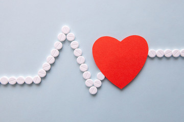 medicine, healthcare and pharmacy concept - pills and of drugs in shape of the heart and heart rhythms.