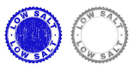 Grunge LOW SALT stamp seals isolated on a white background. Rosette seals with grunge texture in blue and grey colors. Vector rubber stamp imprint of LOW SALT text inside round rosette.