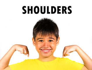 English language learning card child pointing with fingers to his shoulders isolated on white background as part of school cards set of body and face parts in education