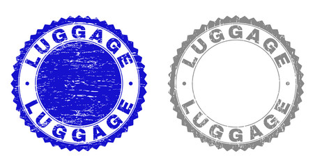 Grunge LUGGAGE stamp seals isolated on a white background. Rosette seals with grunge texture in blue and gray colors. Vector rubber stamp imitation of LUGGAGE caption inside round rosette.