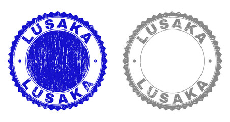 Obraz premium Grunge LUSAKA stamp seals isolated on a white background. Rosette seals with grunge texture in blue and gray colors. Vector rubber stamp imprint of LUSAKA text inside round rosette.