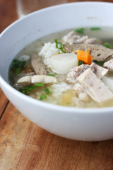 Delicious traditional Pork Spare Ribs Rice Noodles Soup.Vietnamese noodle soup in white bowl