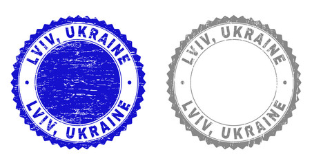 Grunge LVIV, UKRAINE stamp seals isolated on a white background. Rosette seals with grunge texture in blue and gray colors. Vector rubber stamp imitation of LVIV, UKRAINE title inside round rosette.
