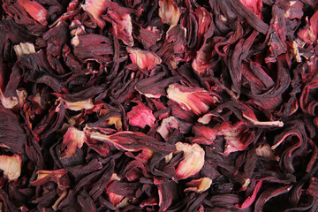 Hibiscus tea. Red tea. Dried flowers. Delicious beverage. Natural tea.