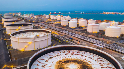 Storage tanks and oil terminal in petrochemical terminal port.