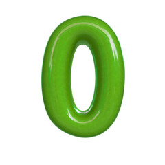 Glossy green number zero, 0. 3D render of bubble font isolated on white background