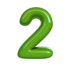 Glossy green number two, 2. 3D render of bubble font isolated on white background