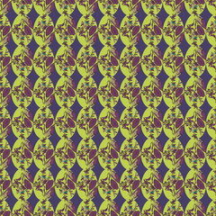 PYSANKI INSPIRED SEAMLESS REPEAT PATTERN. ILLUSTRATION OF NEON YELLOW, PURPLE, AND PINK TULIPS AND LILIES ARRANGED IN GEOMETRIC LAYOUT.