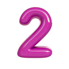 Glossy pink number two, 2. 3D render of bubble font isolated on white background