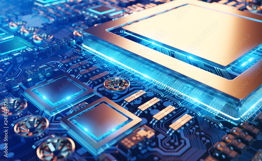 Fototapete close-up view of a modern gpu card with circuit 3d rendering