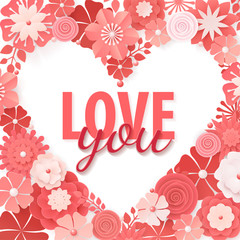 Beautiful floral heart for Valentines Day card.  Origami flowers. Vector illustration EPS10.