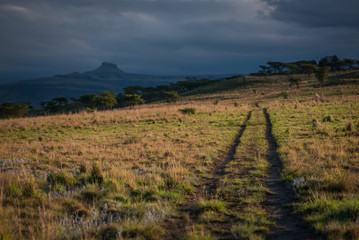Fototapeta na wymiar A track leads across a grassy plain towards the hazy mountains in the distance, lit up by the late evening sun. Drakensberg, South Africa