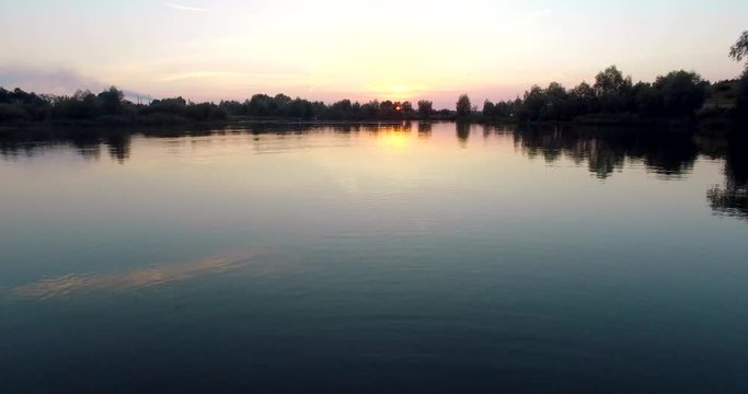 Gorin river, sunset. Ukraine, Rivne region, Aerial drone view