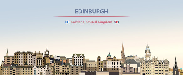 Obraz premium Edinburgh city skyline vector illustration on colorful gradient beautiful day sky background with flags of Scotland and United Kingdom
