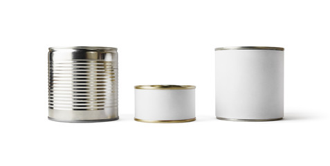 Three blank tin cans isolated on white background. Ready for your design. Clipping path.