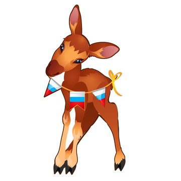 Cute young forest deer holding a garland of flags painted in the style of the Russian tricolor isolated on white background. Vector cartoon close-up illustration.