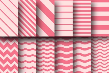 Set of seamless vector patterns of horizontal and diagonal stripes, chevron and wave lines. Design for wallpaper, fabric, textile, wrapping. Simple background