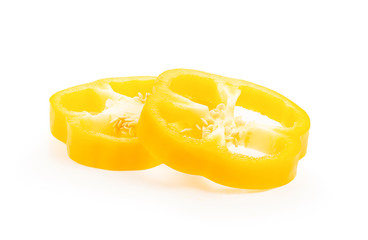 Naklejka na ściany i meble pieces of sliced yellow peppers isolated on white background