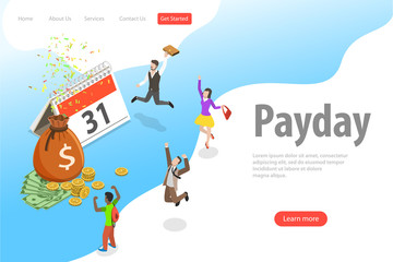 Flat isometric vector landing page template of salary, payout, bonus, income, annual payment day.