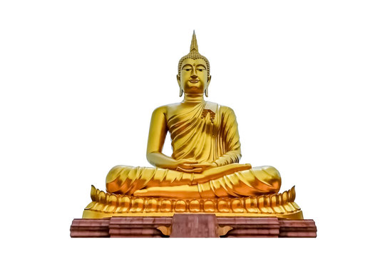 Ancient Buddha, Close up golden Buddha meditation statue on white background or golden Buddha isolated use for Buddhist day background