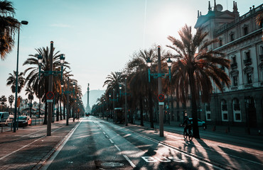 Obraz premium backlighting view of Passeig de Colom and the Columbus statue in Barcelona, Spain. Vanishing point