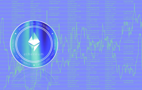 Ethereum (ETH) digital crypto currency. Сoin on the background of stock indexes. Cyber money.