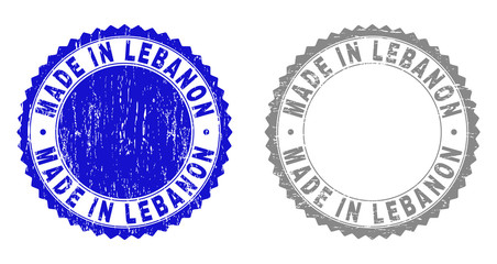 Grunge MADE IN LEBANON stamp seals isolated on a white background. Rosette seals with grunge texture in blue and grey colors. Vector rubber stamp imprint of MADE IN LEBANON text inside round rosette.