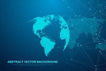 Global network connection concept. Big data visualization. Social network communication in the global computer networks. Internet technology. Business. Science. Vector illustration.