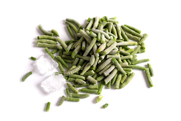 Pods of green frozen beans with ice isolated on white background