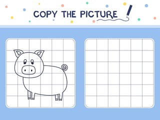 Pig. Copy the picture. Coloring book. Educational game for children. Cartoon vector illustration.
