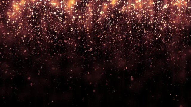 Background with golden glitter falling particles. Beautiful holiday background template for premium design. Falling gold particle with magic light. Seamless loop