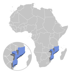 Vector illustration of Mozambique in blue on the grey model of Africa map with zooming replica of country