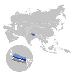 Vector illustration of Nepal in blue on the grey model of Asia map with zooming replica of country.
