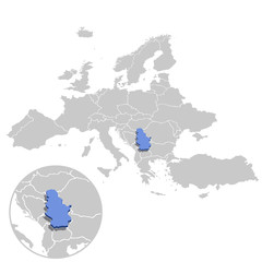 Vector illustration of Serbia in blue on the grey model of Europe map with zooming replica of country.