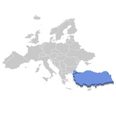Vector illustration of Turkey in blue on the grey model of Europe map with zooming replica of country.