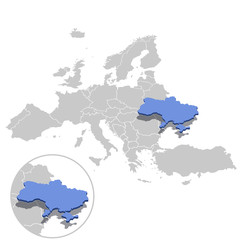 Vector illustration of Ukraine in blue on the grey model of Europe map with zooming replica of country.