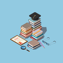 Education process concept. Heap of books with square academic cap, diploma, magnifier, pencil and ruler. Vector isometric illustration.