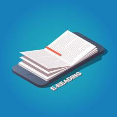 Isometric vector e-reading concept. E-book icon. Reading book from mobile phone.
