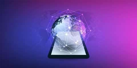     Cloud Computing Design Concept with Earth Globe and Tablet PC - Digital Network Connections, Technology Background, Vector Design 