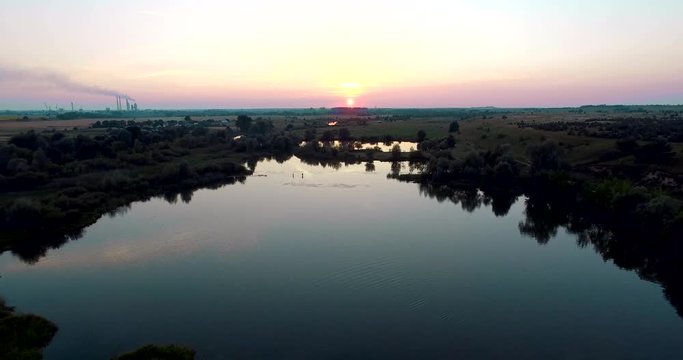 Gorin river, sunset. Ukraine, Rivne region, Aerial drone view
