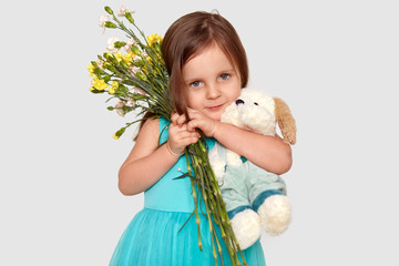 Studio shot of attractive child carries tightly flowers and soft toy, dressed in puffy blue dress,...