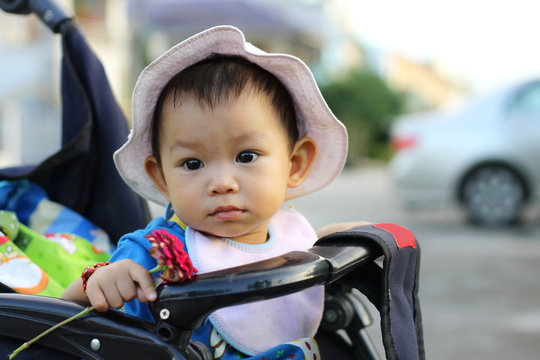 A happy baby child girl sitting in a stroller at the garden. She holding a pink flower in her hand.