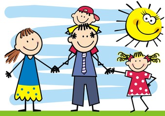 Family, parents with children, happy vector illustration. Father, mother and small girl and boy. Cute picture of happy family. At background is sky and humorous sun.