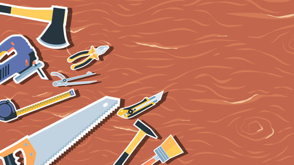 Set of construction tools on wood texture with copy space. Wide angle eps10 vector illustration