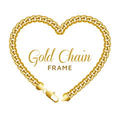 Gold chain heart love border frame. Wreath shape with a lobster lock. Realistic vector illustration isolated on a white background.